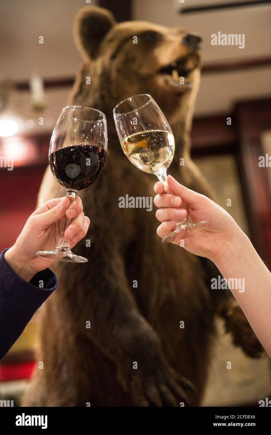 Crop couple toasting with glasses of red and white wine while having romantic dinner in hunter style restaurant with bear scarecrow in background Stock Photo