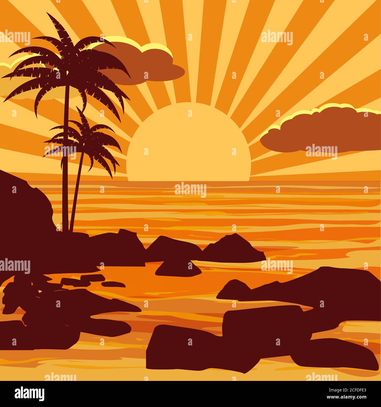 Tropical beautiful sunset, landscape, palms, sea, stones, vector, cartoon  style, illustration isolated Stock Vector Image & Art - Alamy