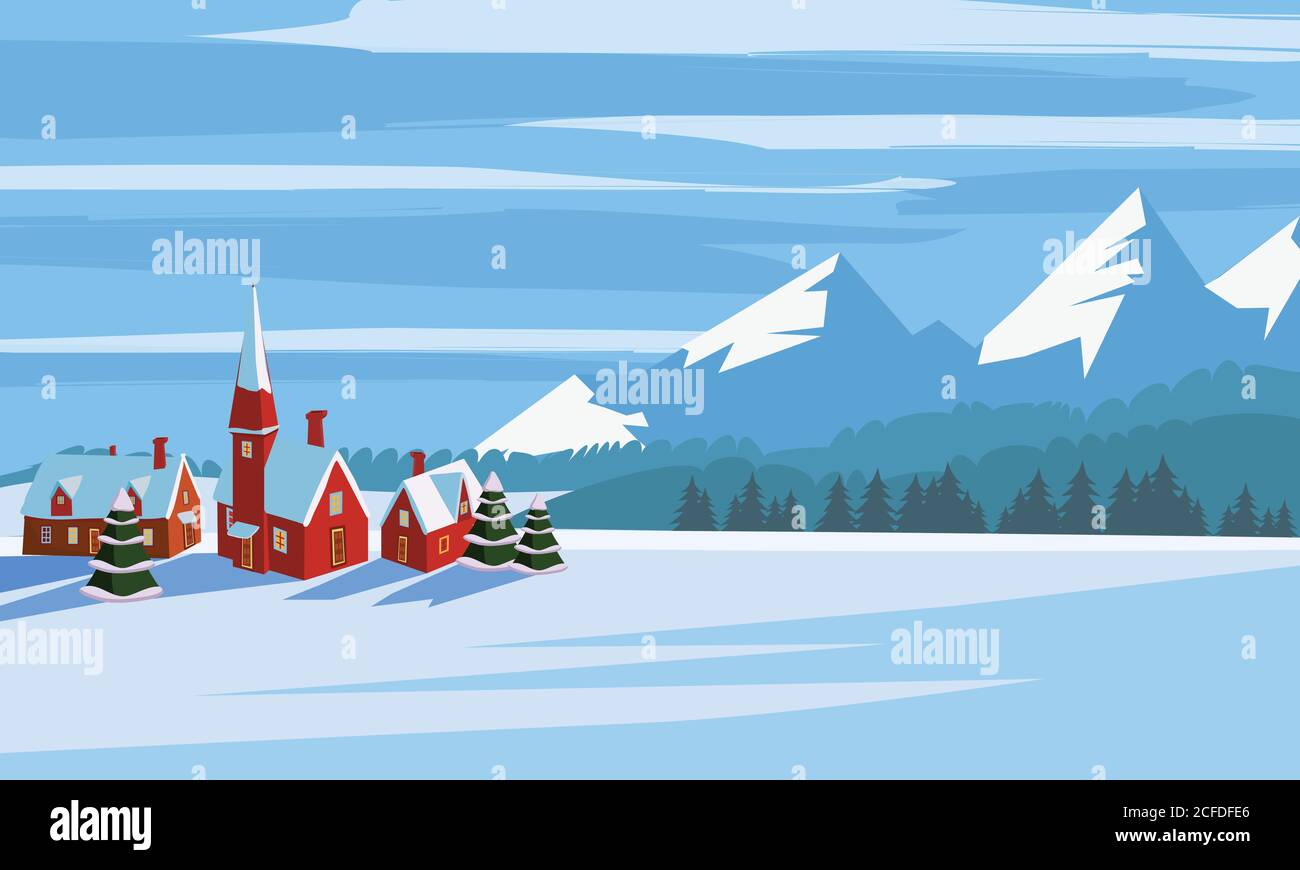 Winter Landscape Cartoon Minimal Style Horizon Panorama Snow Covered Trees Village Mountains Ate Pine Vector Illustration Isolated Stock Vector Image Art Alamy