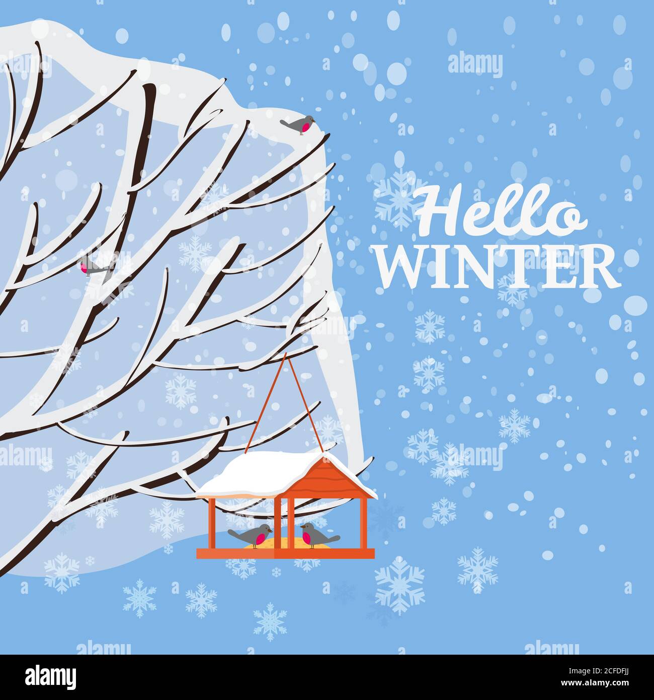 Hello Winter, snow landscape, bird feeder with feed, birds, tree covered with snow, vector, illustration, isolated, banner, poster, card, cover for Stock Vector