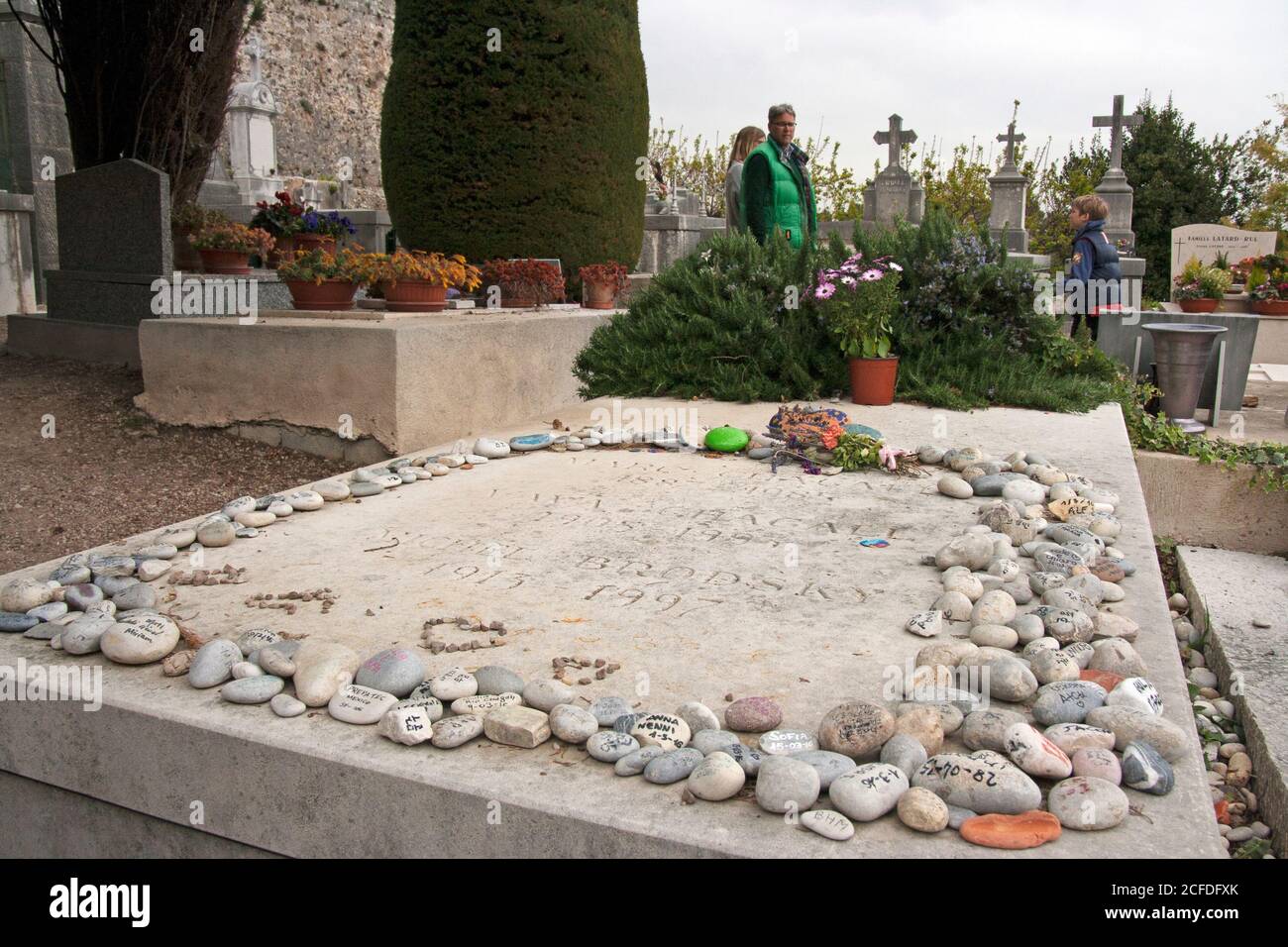 Saint-Paul-de-Vence France Written pebbles on Marc Chagall's tomb. Initials of our name is written in pebbles, to remember this visit. Stock Photo