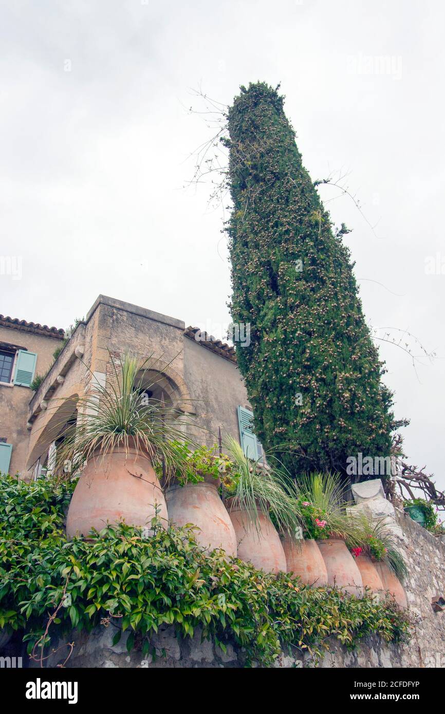 Saint-Paul-de-Vence France Seven huge flower pots on top of the castle wall. Rocket thuja above the red roof. Stock Photo