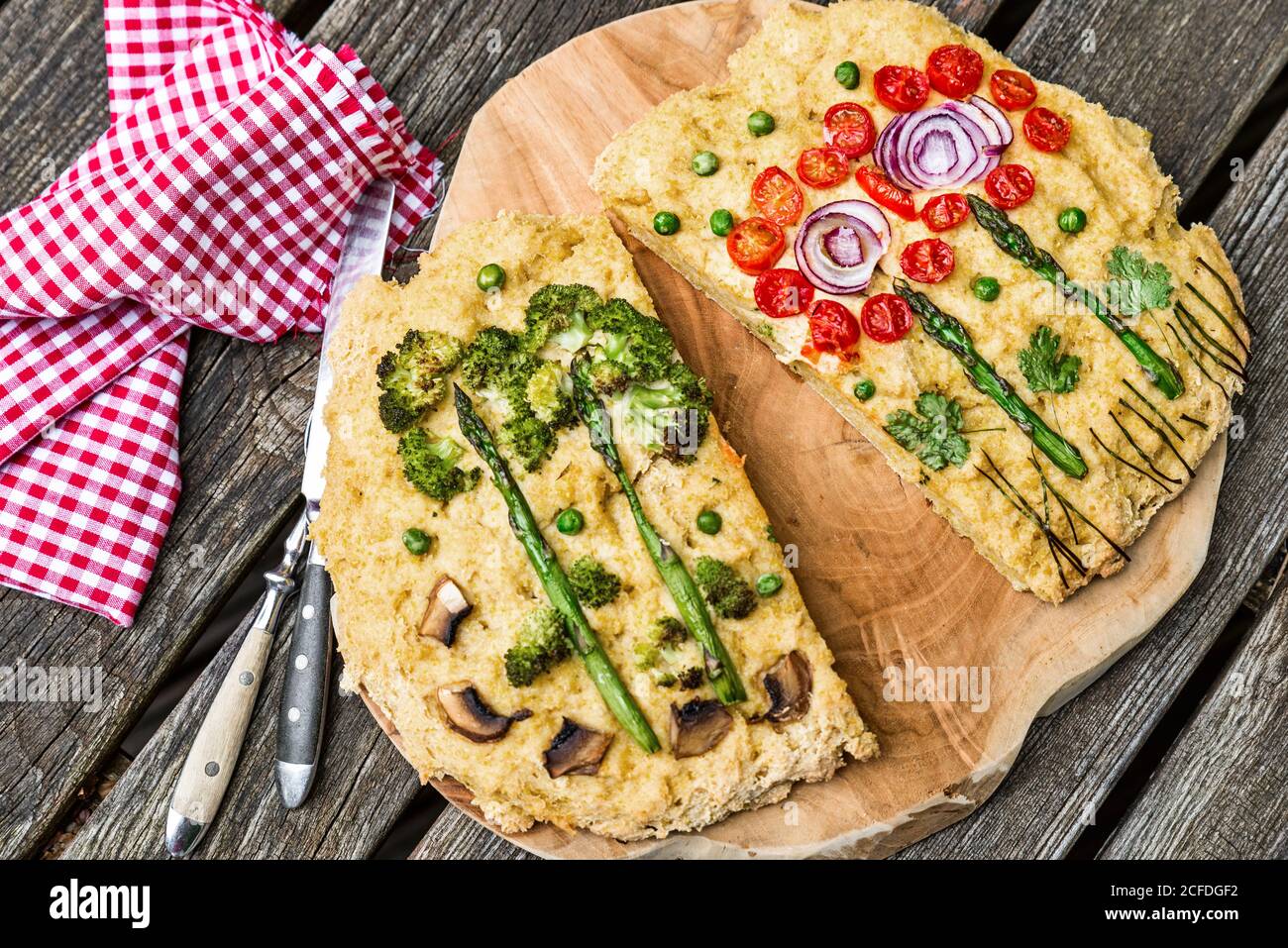 Ornately decorated Foccacia - Foccacia Garden Stock Photo