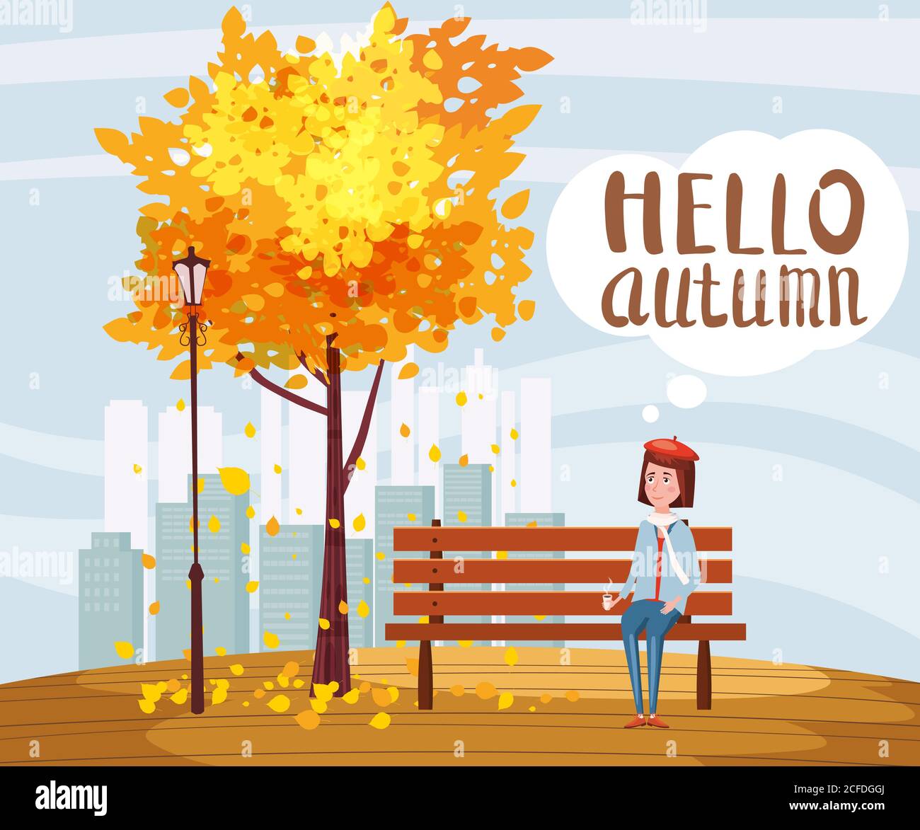 Hello Autumn, happy girl sitting on a bench with a cup of coffee, under a tree with falling leaves in a park, city, urban, lettering, vector Stock Vector