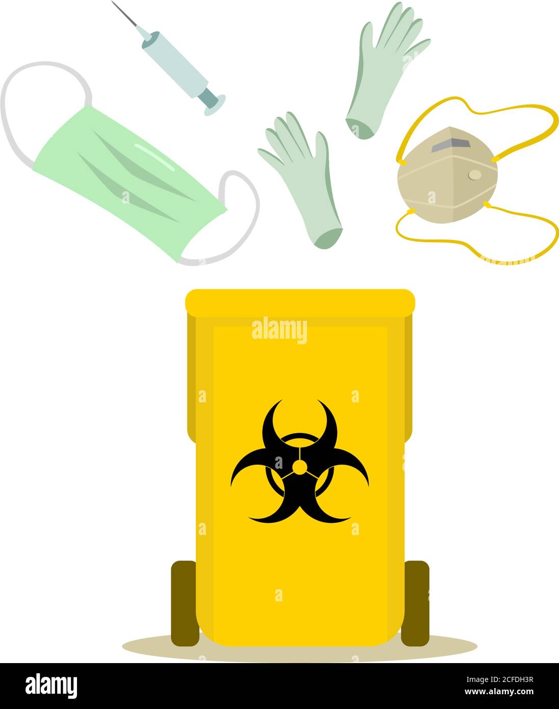 Yellow medical waste bin with medical mask, N-95 respirator, gloves, medical syringe and needle. Medical waste and waste segregation concept Stock Vector