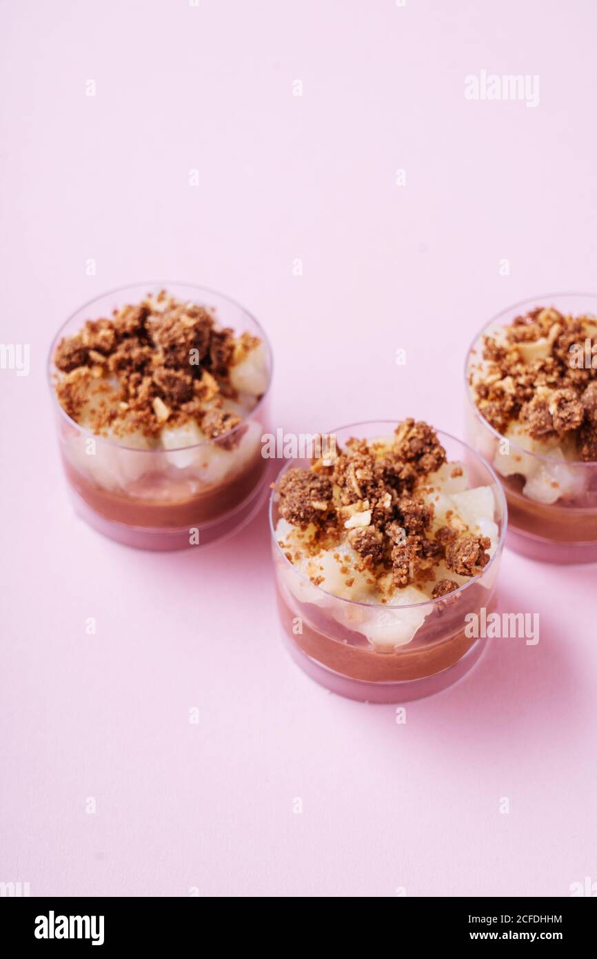 Glass cups with chocolate mousse Stock Photo