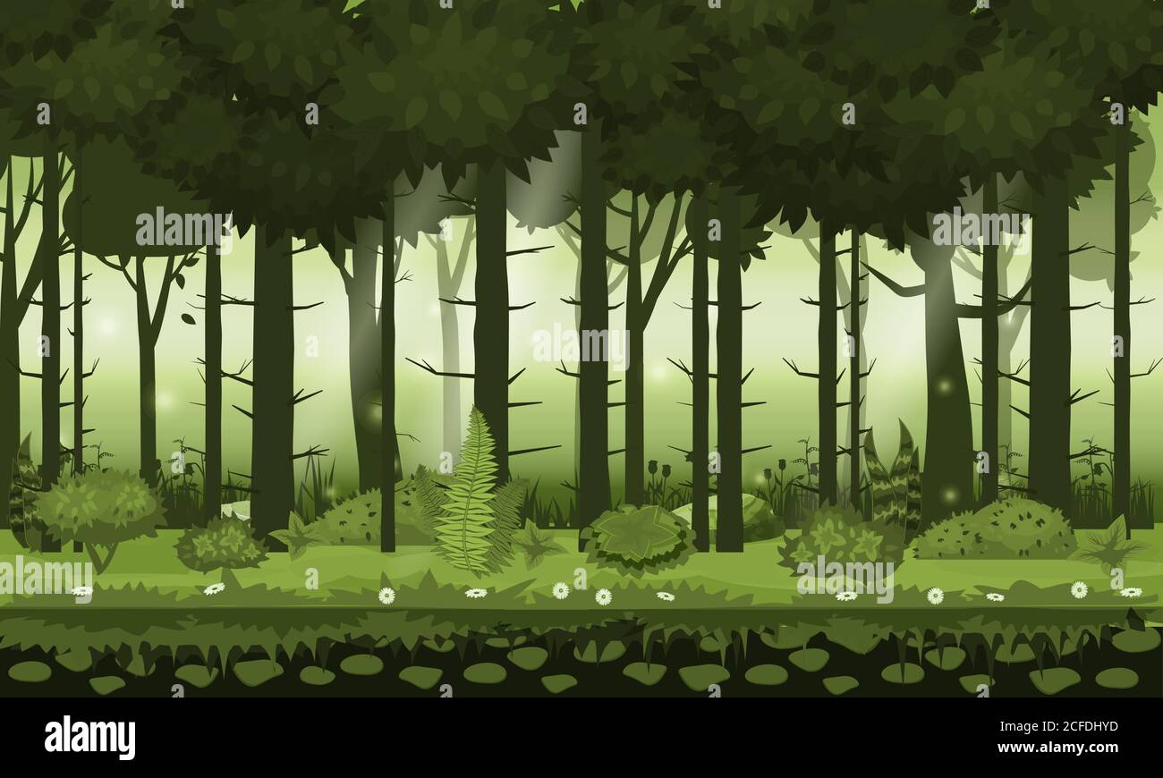 Fairy forest. Bright forest woods, silhouttes, trees with bushes, ferns