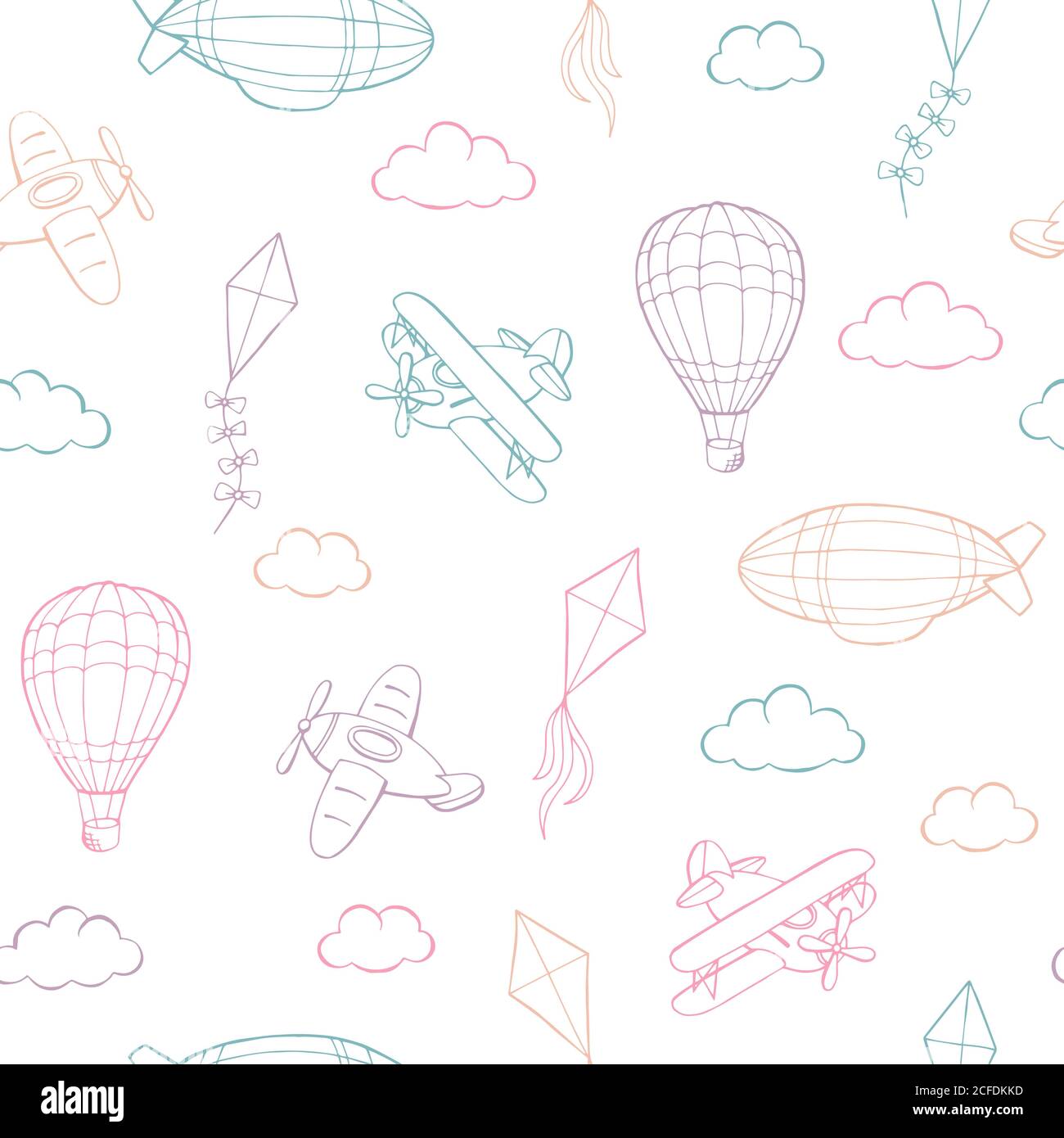 Flying airplane balloon kite cloud graphic color sketch seamless pattern illustration vector Stock Vector