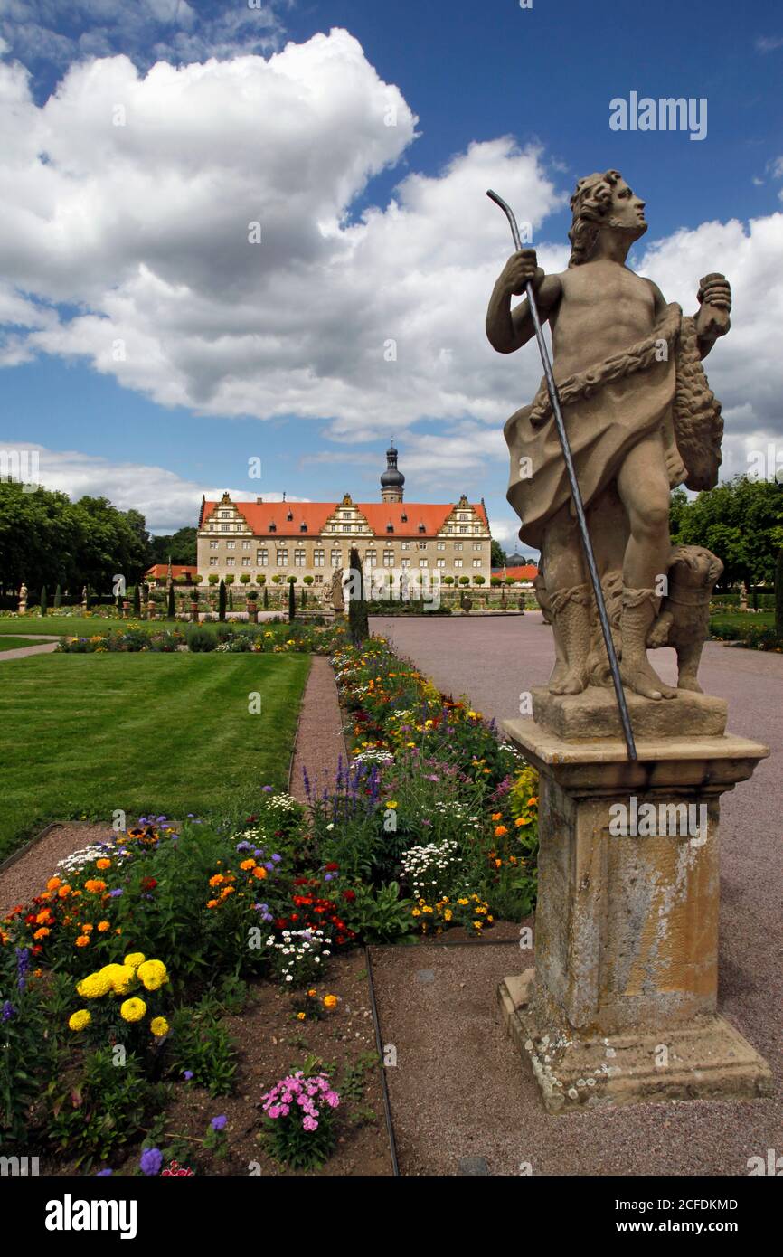 Castle, palace grounds, sculptures, flower beds, Weikersheim, Baden-Württemberg, Germany Stock Photo