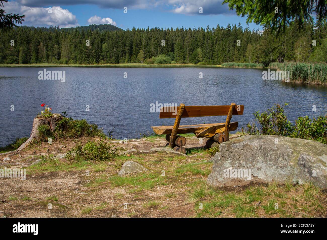 Bench at the Stierhüblteich, lake near Karlstift hiking around