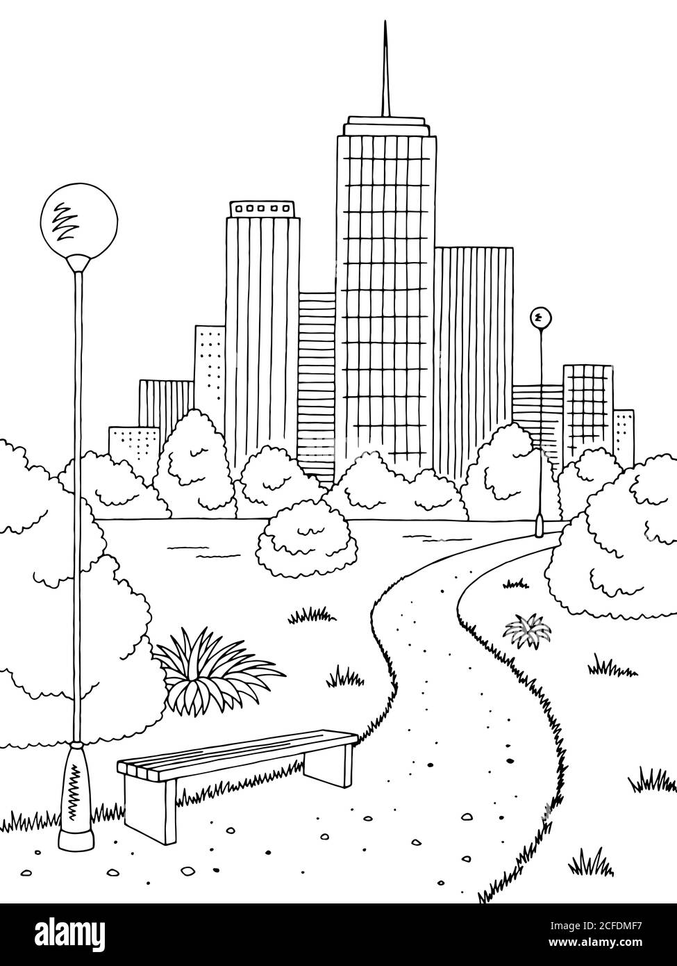 Park graphic black white bench lamp vertical landscape sketch illustration vector Stock Vector