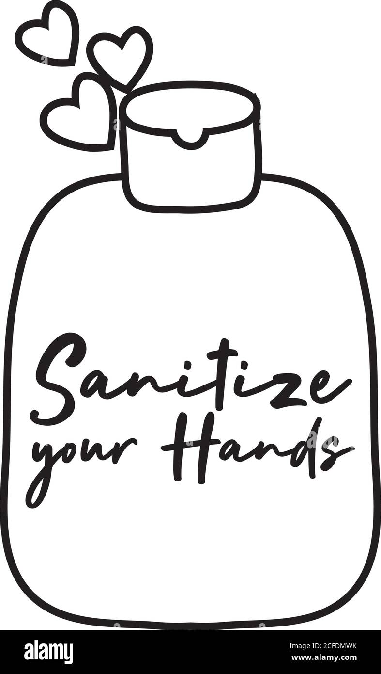 sanitize your hands campaign lettering with soap bottle and hearts line style vector illustration design Stock Vector
