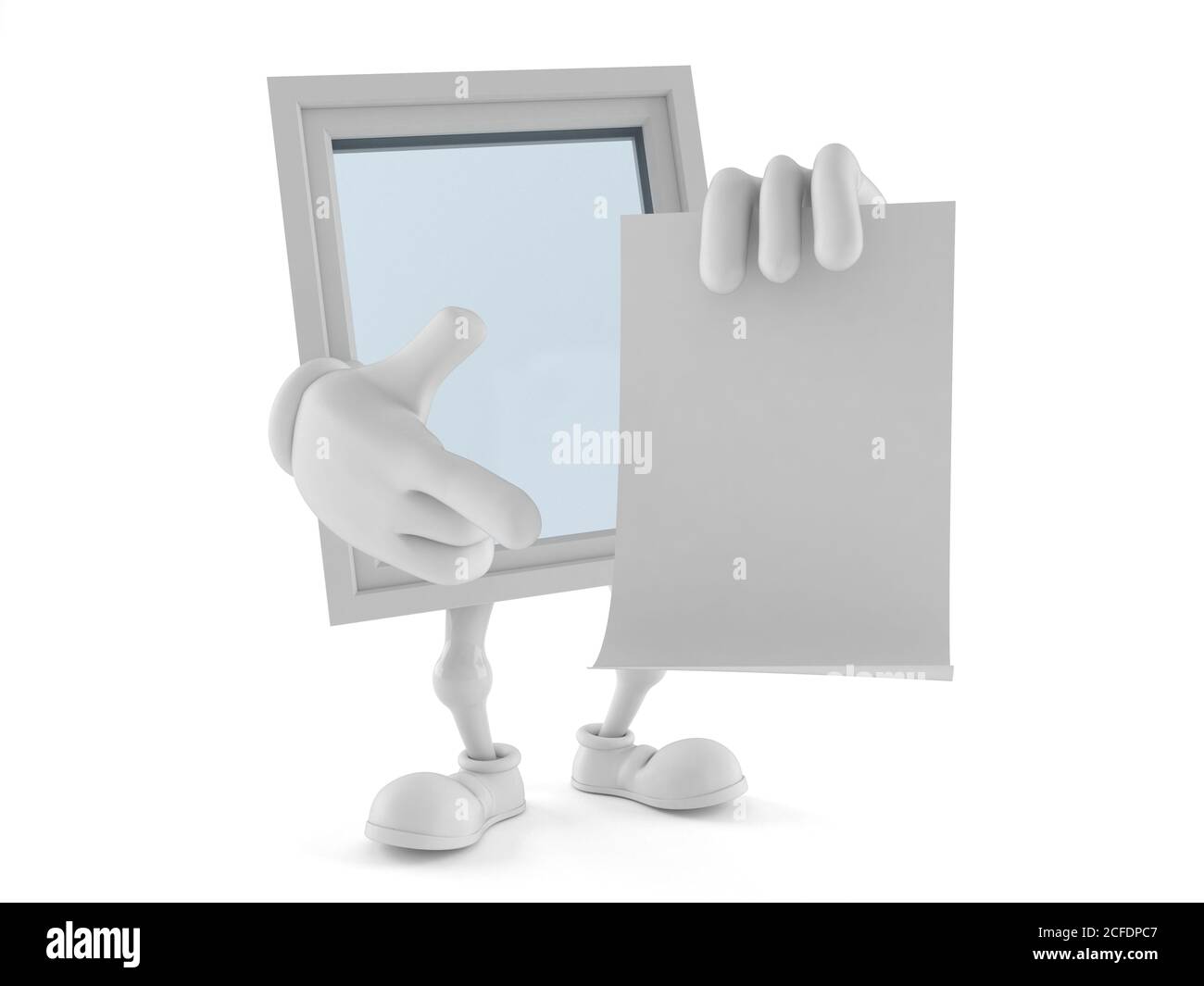 Open Window Character Window character with blank sheet of paper isolated on white background ...