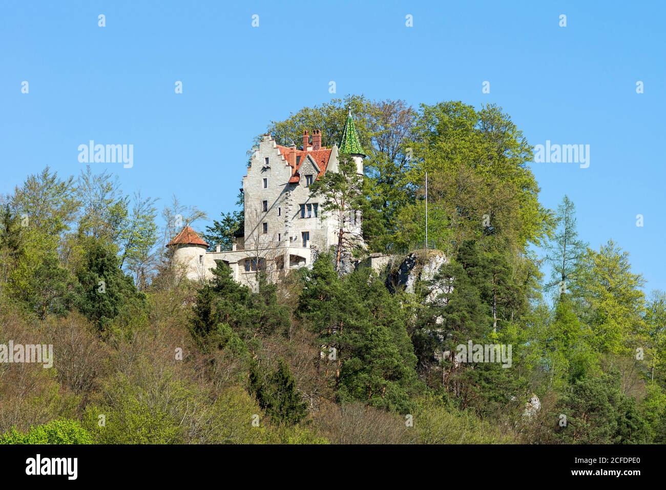 Germany, Baden-Wuerttemberg, Bad Urach - Seeburg, Uhenfels Castle in the Erm Valley on the Swabian Jura. Stock Photo