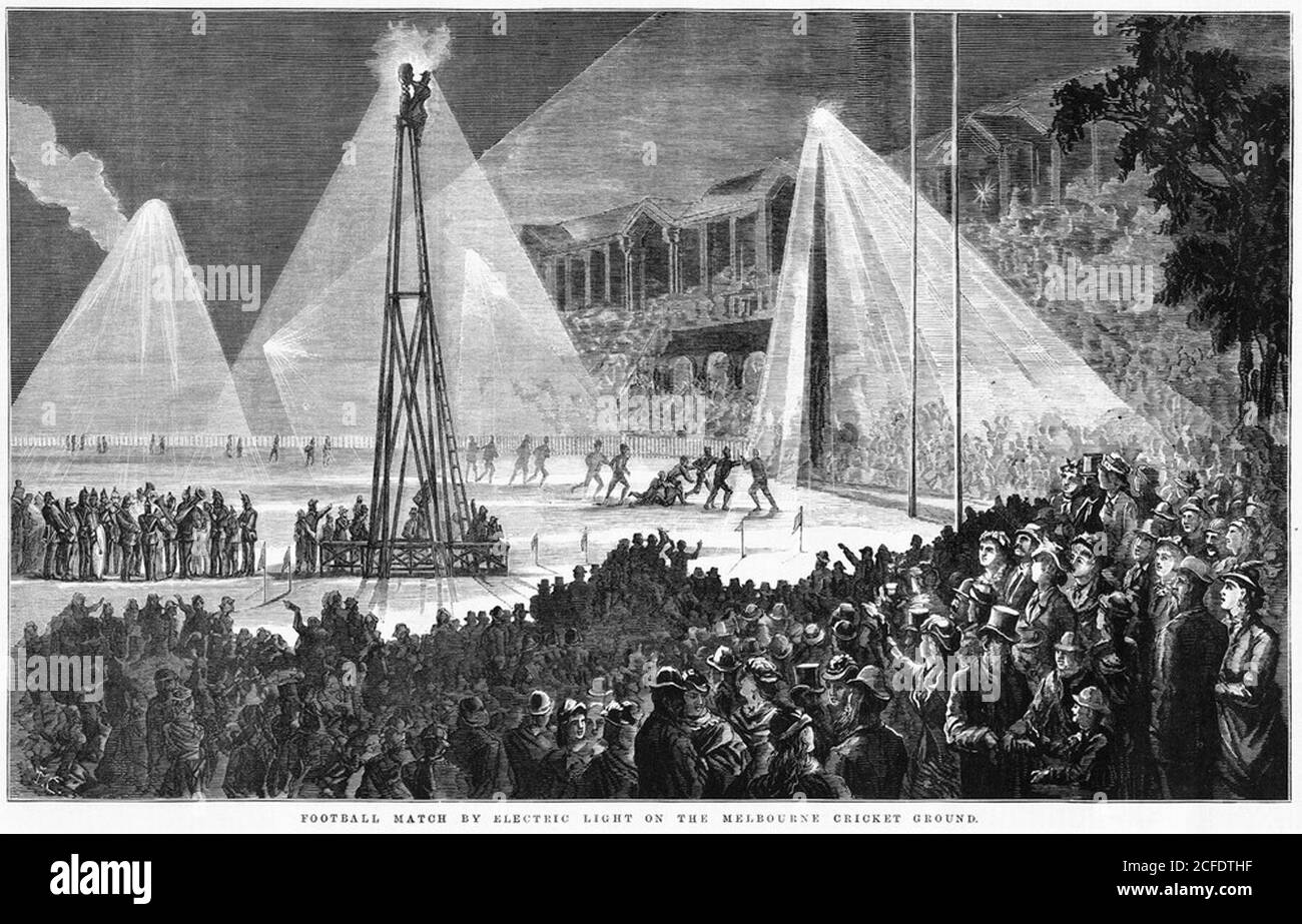 FOOTBALL MATCH BY ELECTRIC LIGHT ON THE MELBOURNE CRICKET GROUND Stock