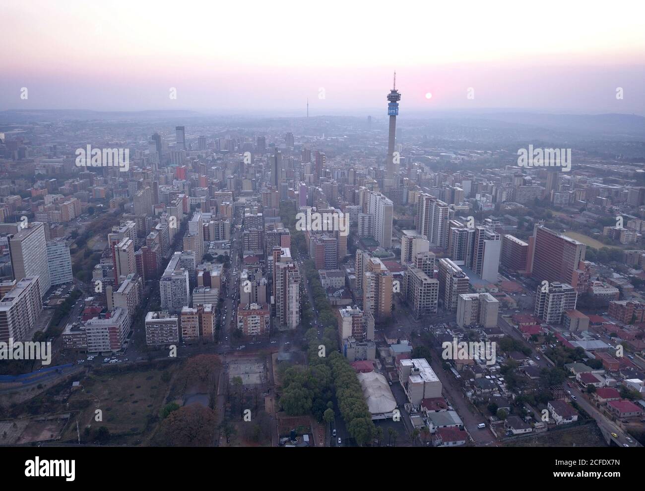 Aerial view of Johannesburg CBD at sunset, South Africa Stock Photo