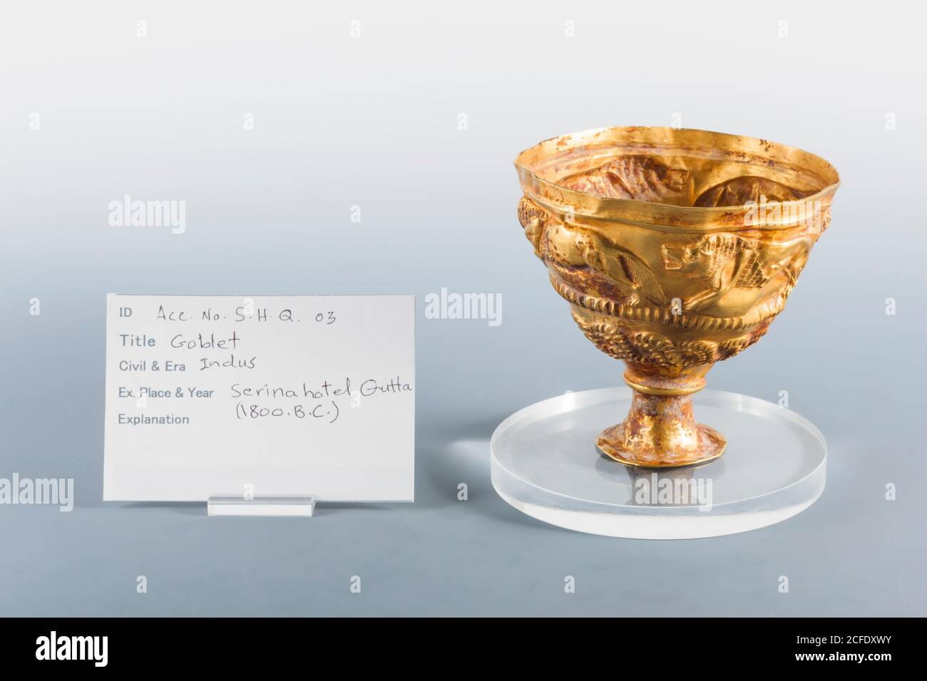 Gold goblet with lion relief, from Quetta, Indus valley civilization(valuables vault), National Museum of Pakistan,Karachi, Pakistan, South Asia, Asia Stock Photo
