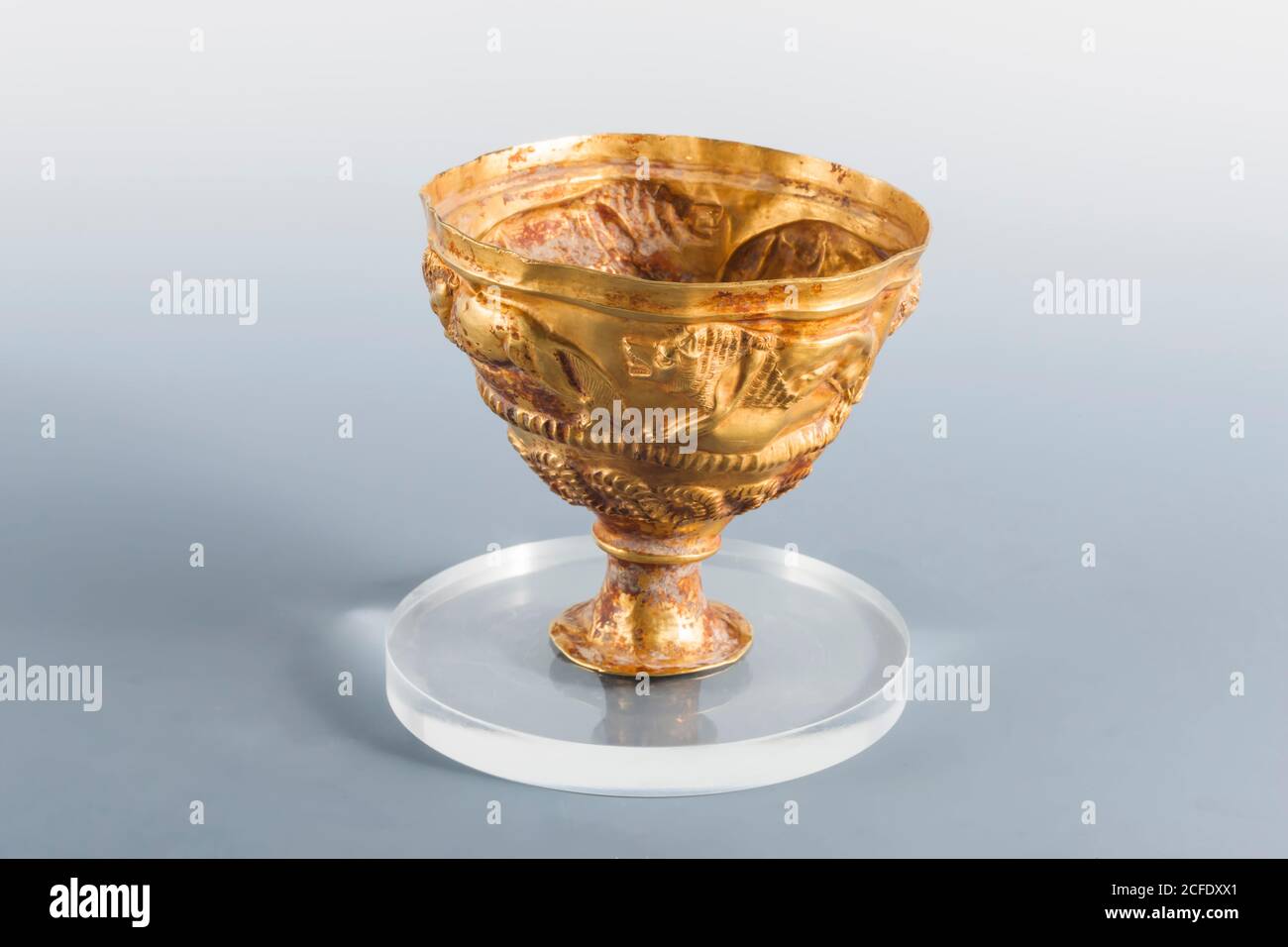 Gold goblet with lion relief, from Quetta, Indus valley civilization(valuables vault), National Museum of Pakistan,Karachi, Pakistan, South Asia, Asia Stock Photo