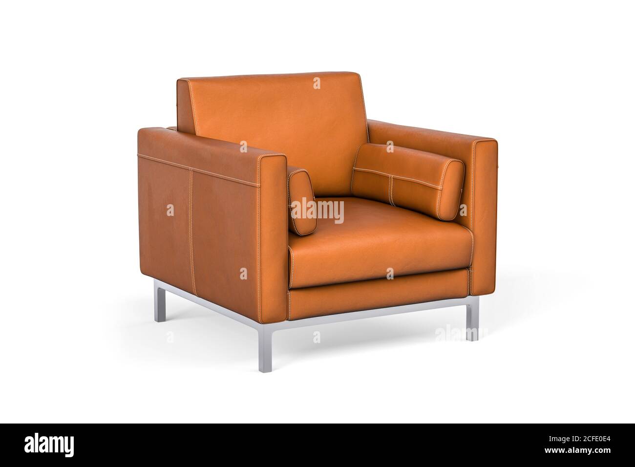 Single brown leather sofa with metal legs isolated on a white