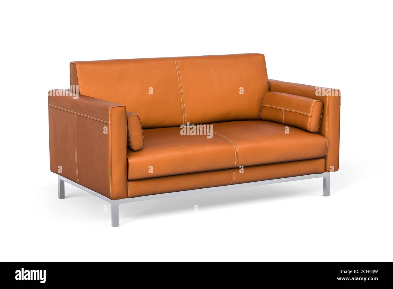 Two seater brown leather sofa with metal legs on white background - 3d 