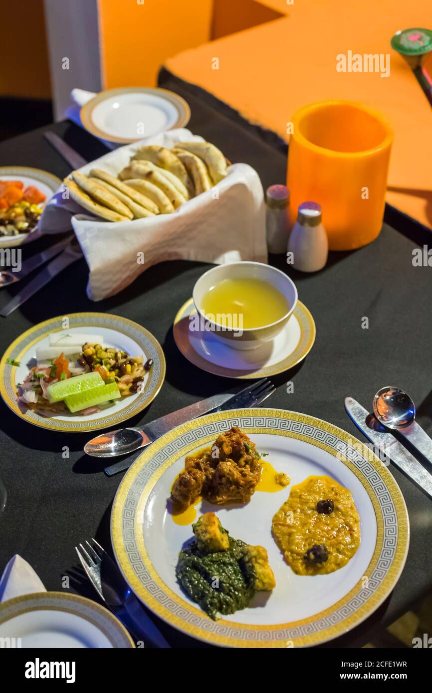 Dishes of Pakistani food, at luxury restaurant of  hotel, Karachi, Sindh, Pakistan, South Asia, Asia Stock Photo