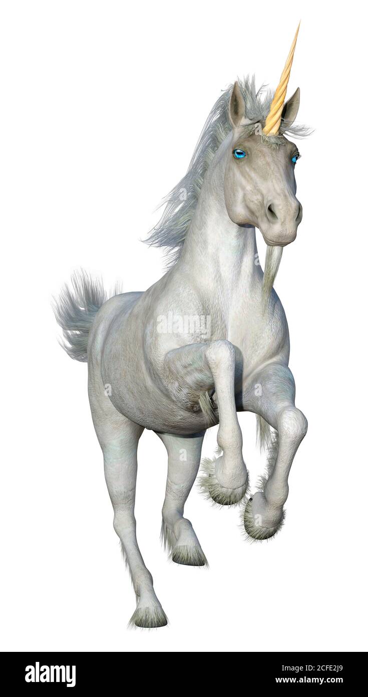 3D rendering of a fantasy white unicorn isolated on white background ...