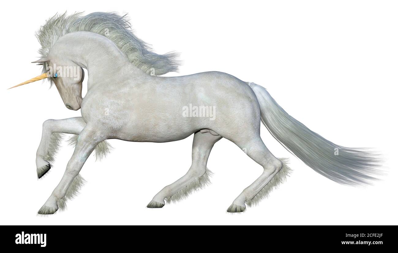 3D rendering of a fantasy white unicorn isolated on white background ...