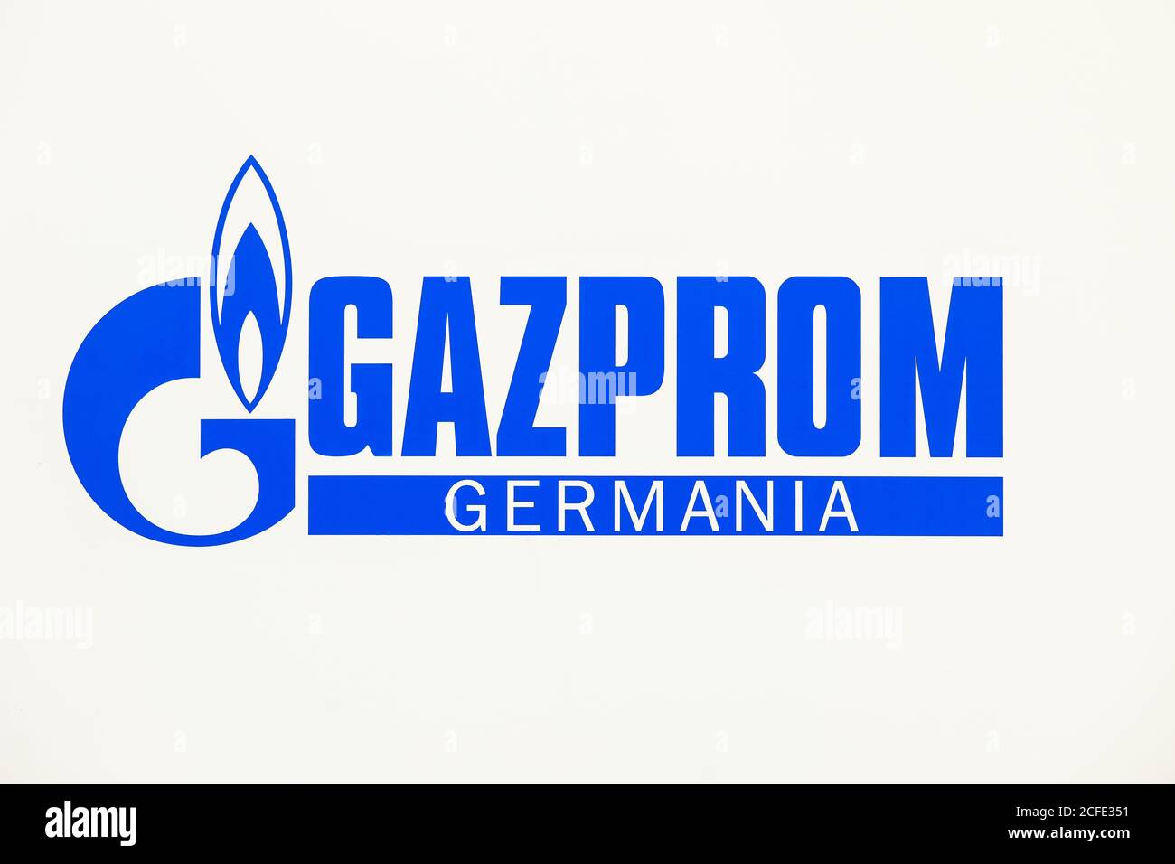 Gazprom Germania, logo on the stand at the E-world energy water trade fair, Essen, North Rhine-Westphalia, Germany Stock Photo