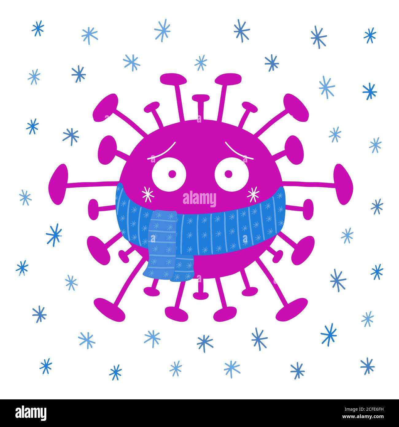 Cartoon coronavirus bacteria in blue scarf with snowflakes. Isolated on white background. Vector stock illustration. Stock Vector