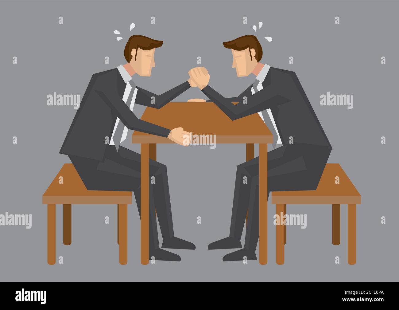 Two cartoon business executive trying hard to win each other in arm wrestling. Vector illustration isolated in grey background. Stock Vector