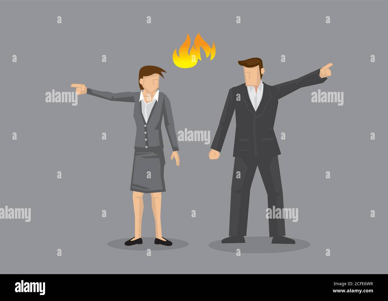Businesswoman and businessman pointing in opposite direction with fire symbol between them. Vector illustration on disagreement concept isolated on gr Stock Vector