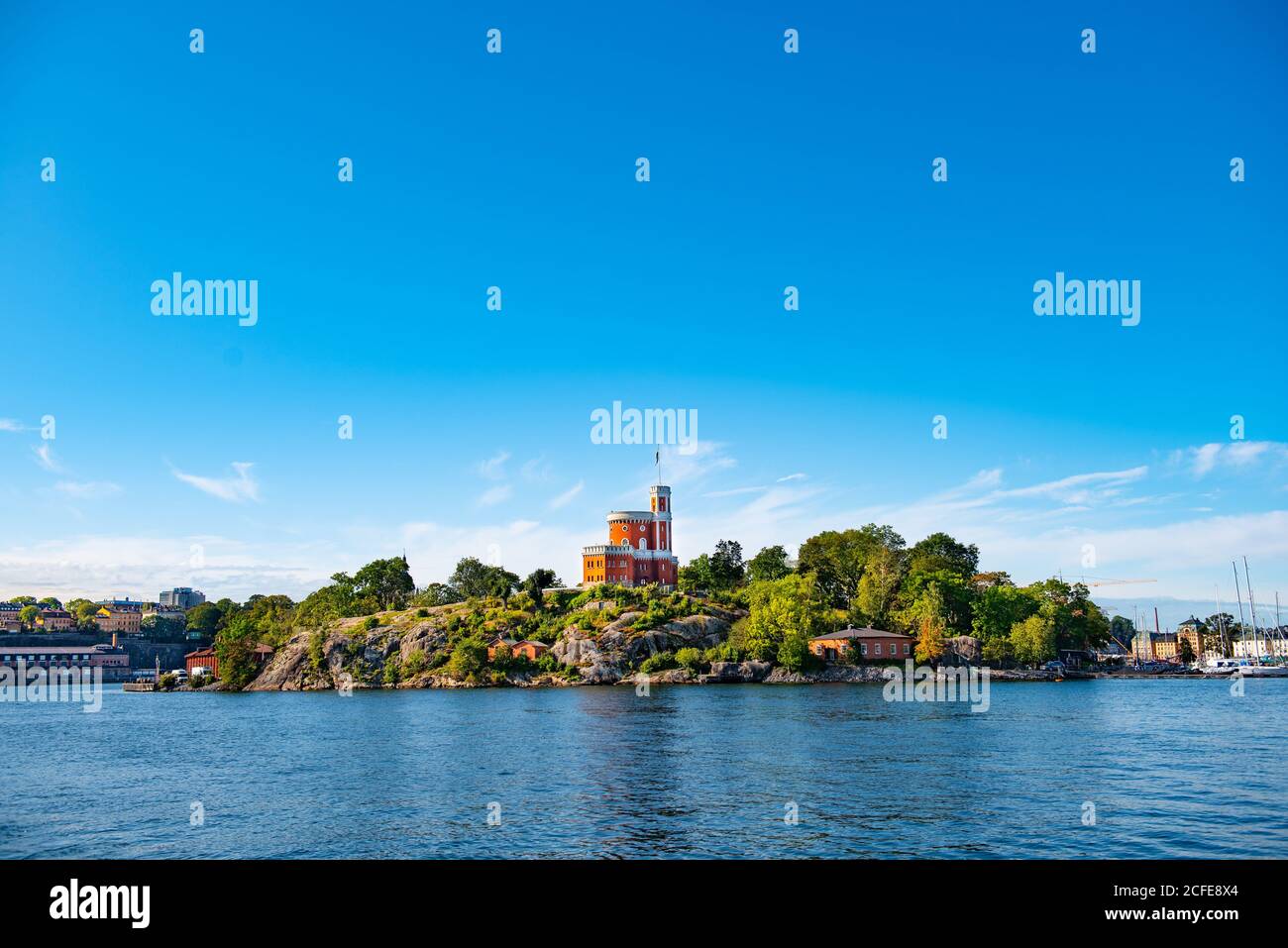 Beautiful view from Baltic Sea on the Citadel Kastellet on the islet Kastellholmen in central Stockholm, Sweden. Stock Photo