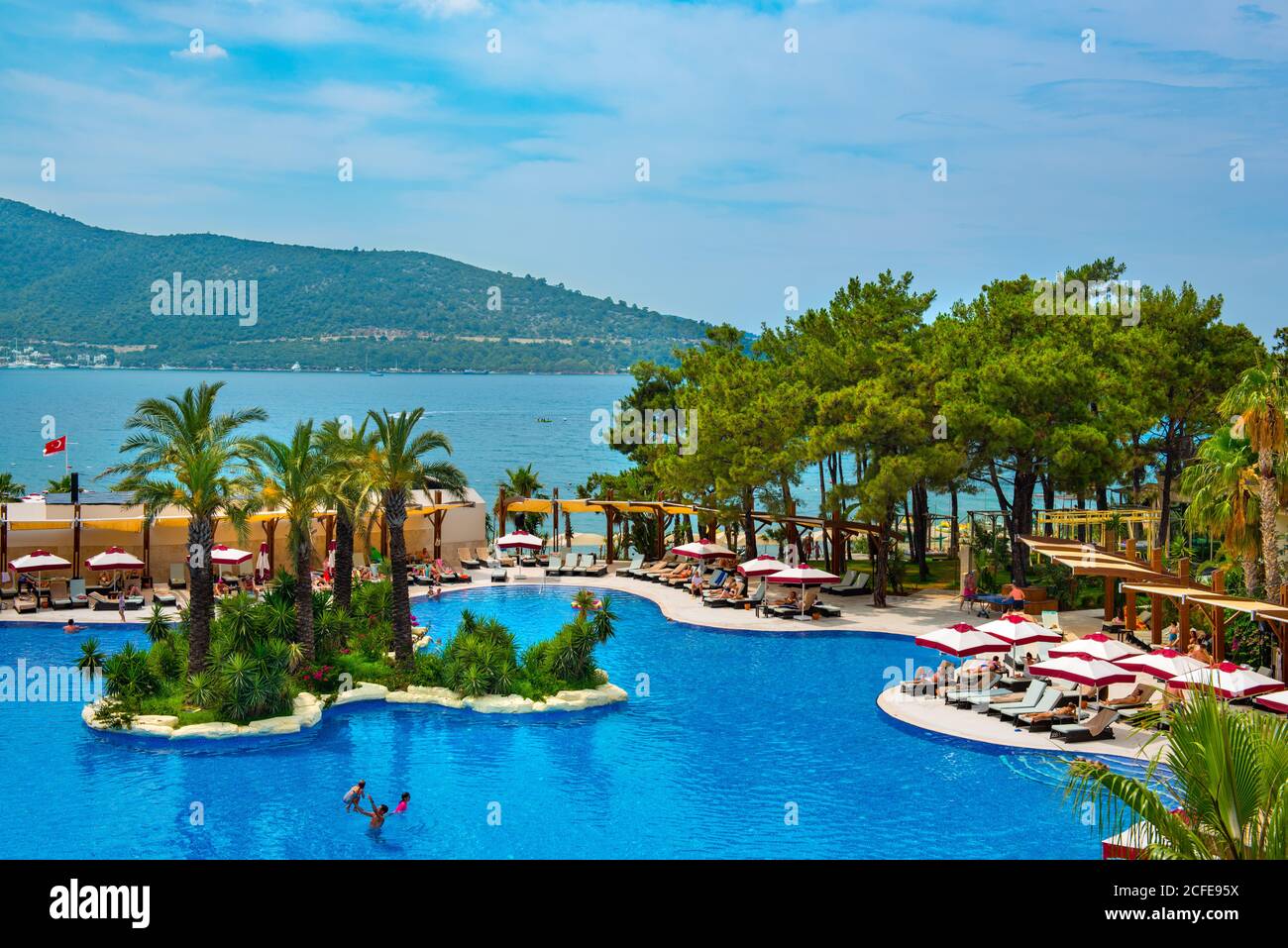 Bodrum / Turkey - 05.27.2018: View on Aegean sea and swimming pool from Vogue Bodrum Hotel. Stock Photo