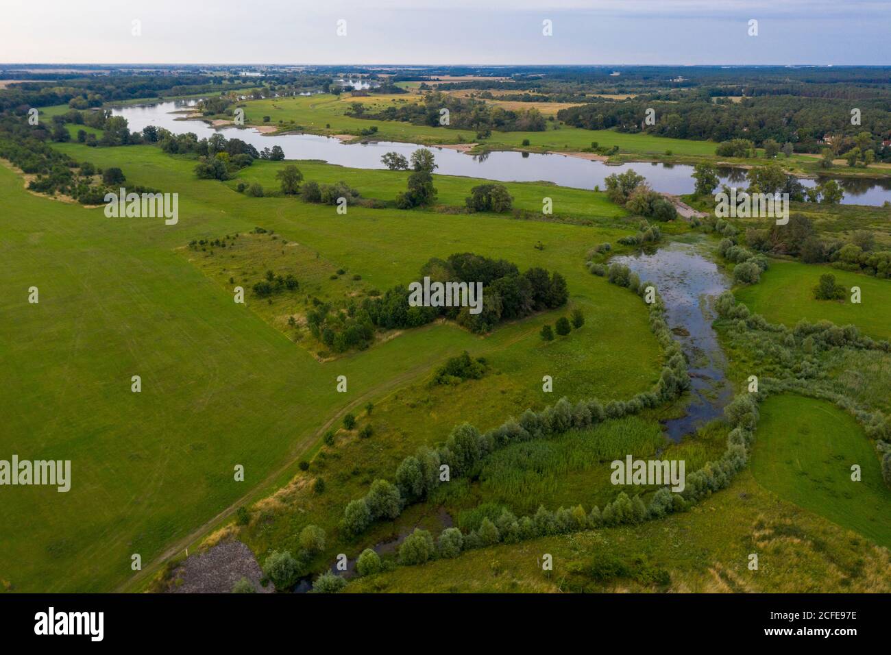 Germany, Saxony-Anhalt, Glindenberg, Weiher an der Elbe, flooded area, aerial view with drone. Stock Photo
