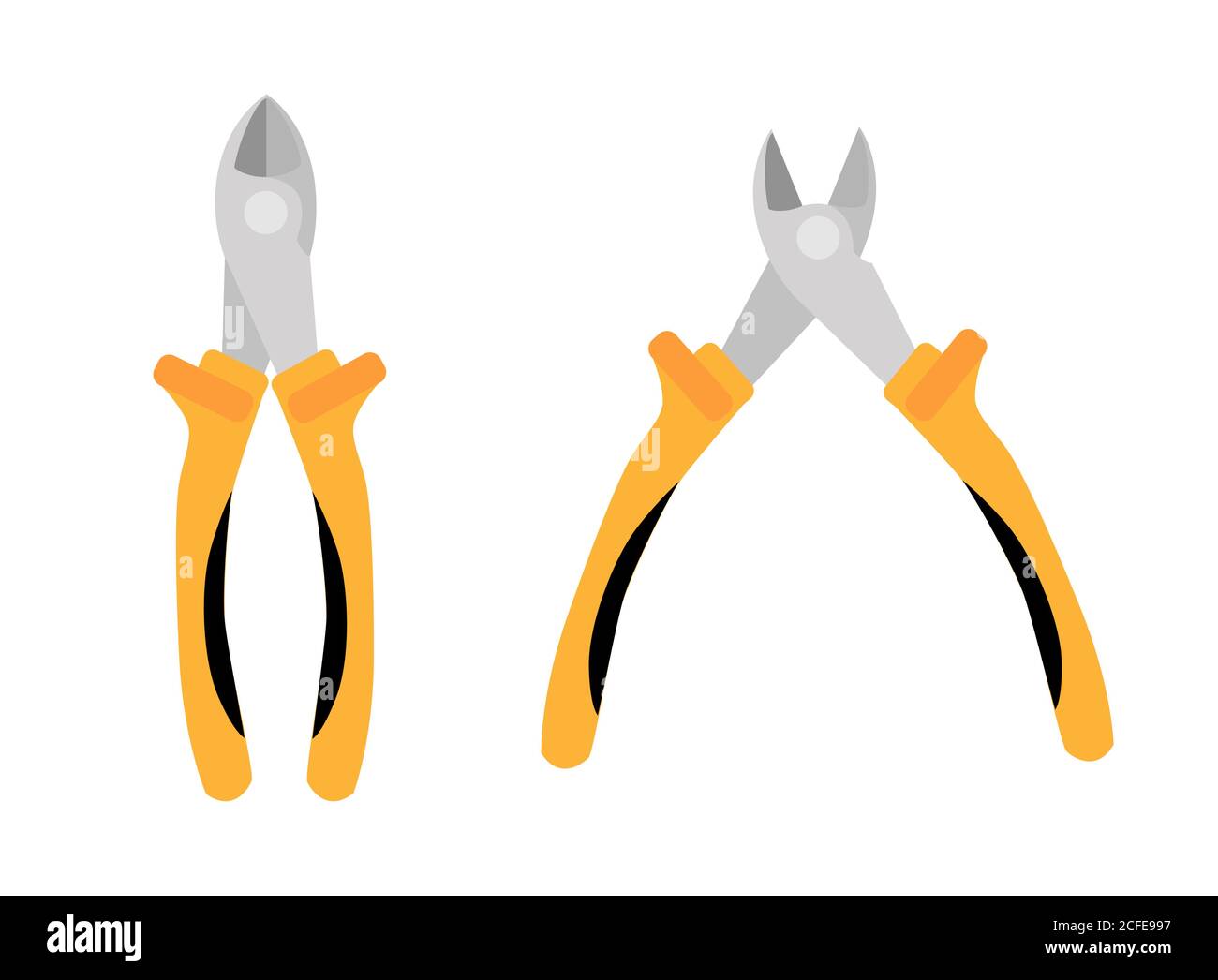 Open and closed yellow side cutters. wire cutters isolated on white