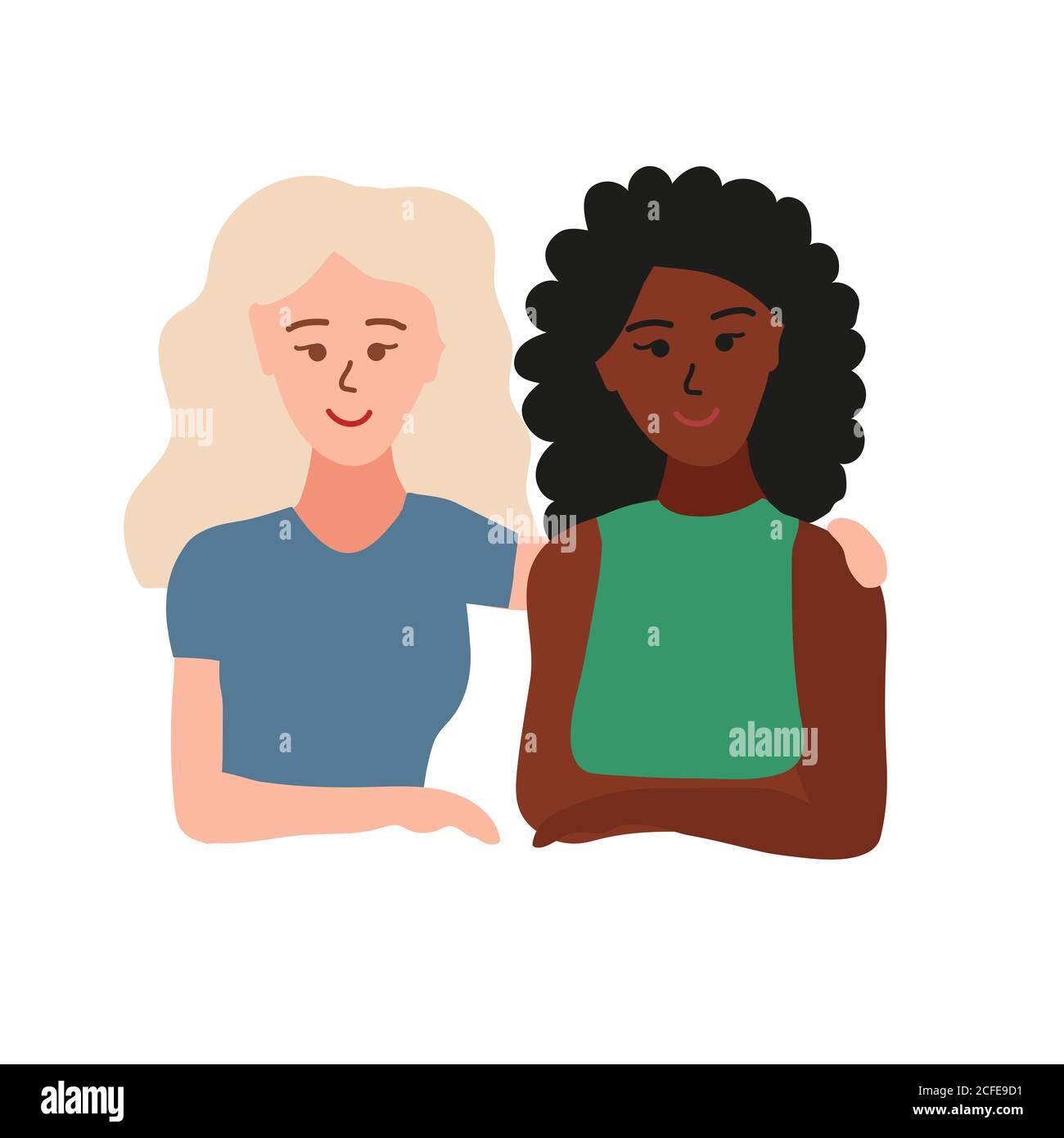 girlfriends. Two women with black and white skin hug each other. female friendship. Caucasian and african girls. Cartoon vector iilustration isolated Stock Vector