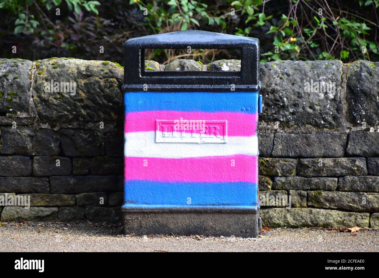 Transgender Pride Flag, Litter Bin, Hebden Bridge, Pennines, Yorkshire Stock Photo