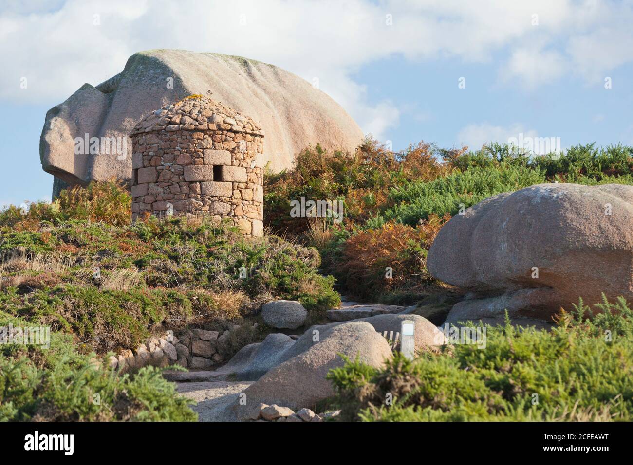 Old watchtower at the Cote de Granit Rose in Brittany Stock Photo