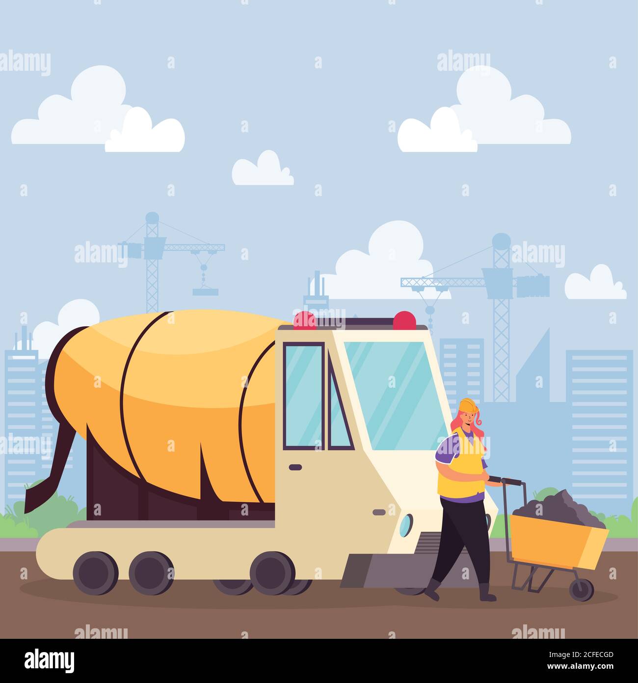 construction concrete mixer vehicle and builder with wheelbarrow scene ...