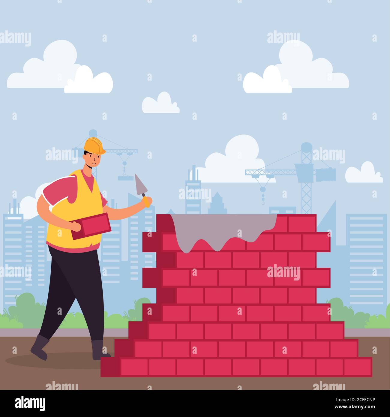constructor worker with bricks wall character scene vector illustration ...