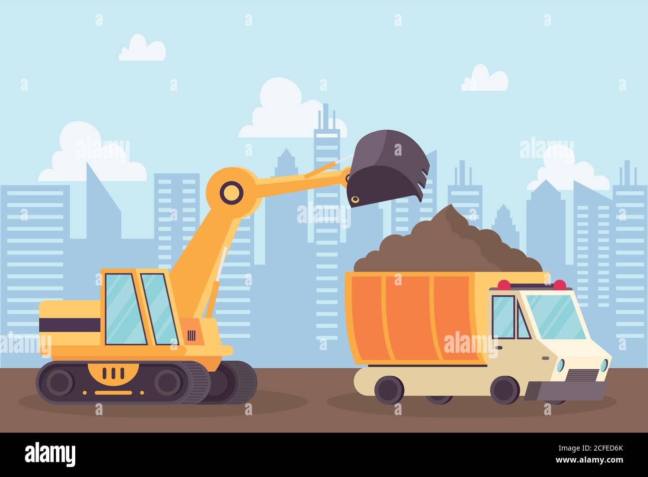 construction excavator and dump vehicles in workplace scene vector ...