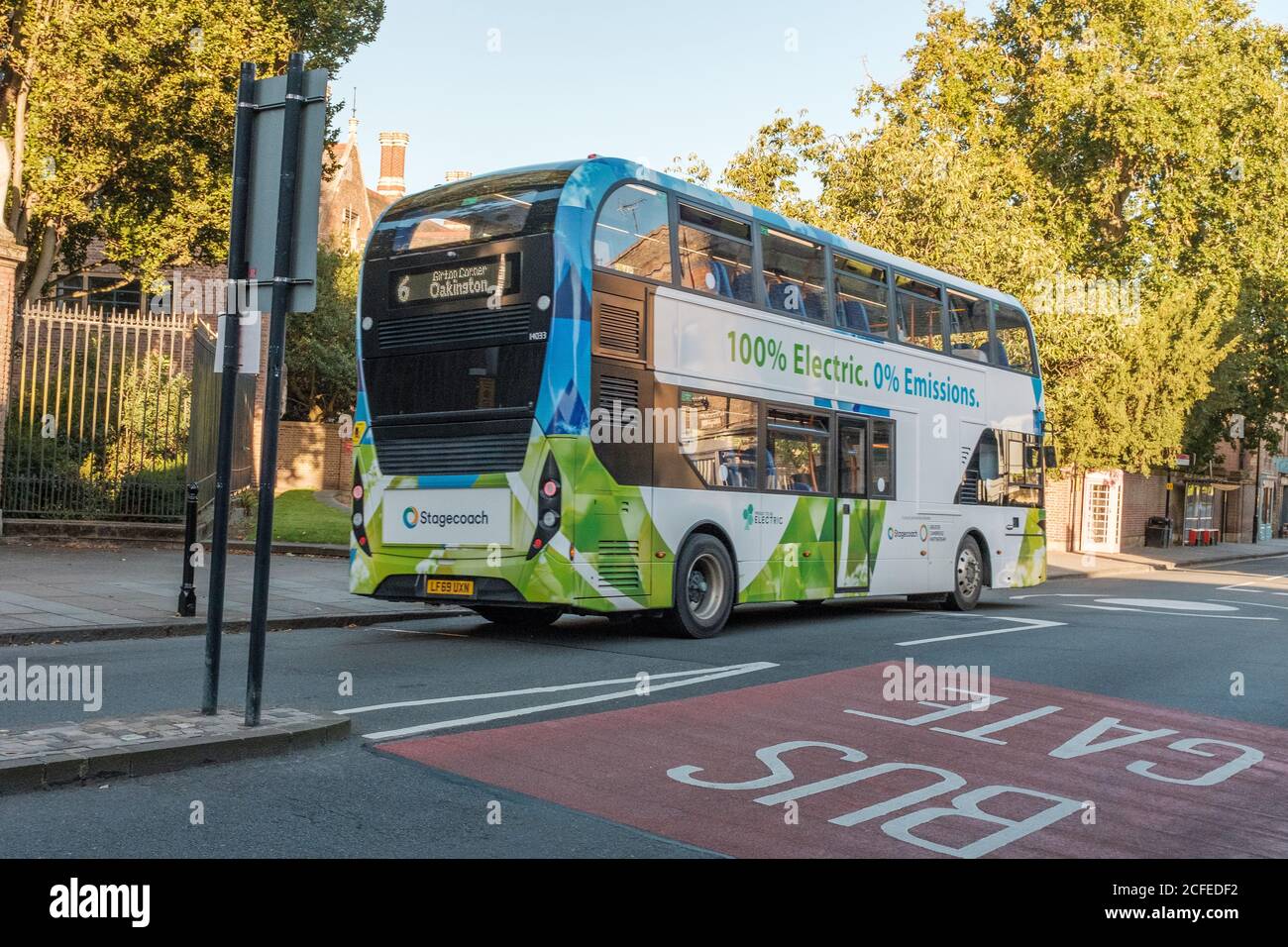 The Cambridge Citi 6 electric bus. The electric bus is 100% electric, 0% emissions.One electric bus emits 81 tonnes less of C02 a year. Stock Photo