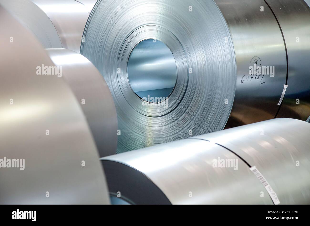 Steel coils, ThyssenKrupp Steel, Duisburg, Ruhr area, North Rhine-Westphalia, Germany Stock Photo