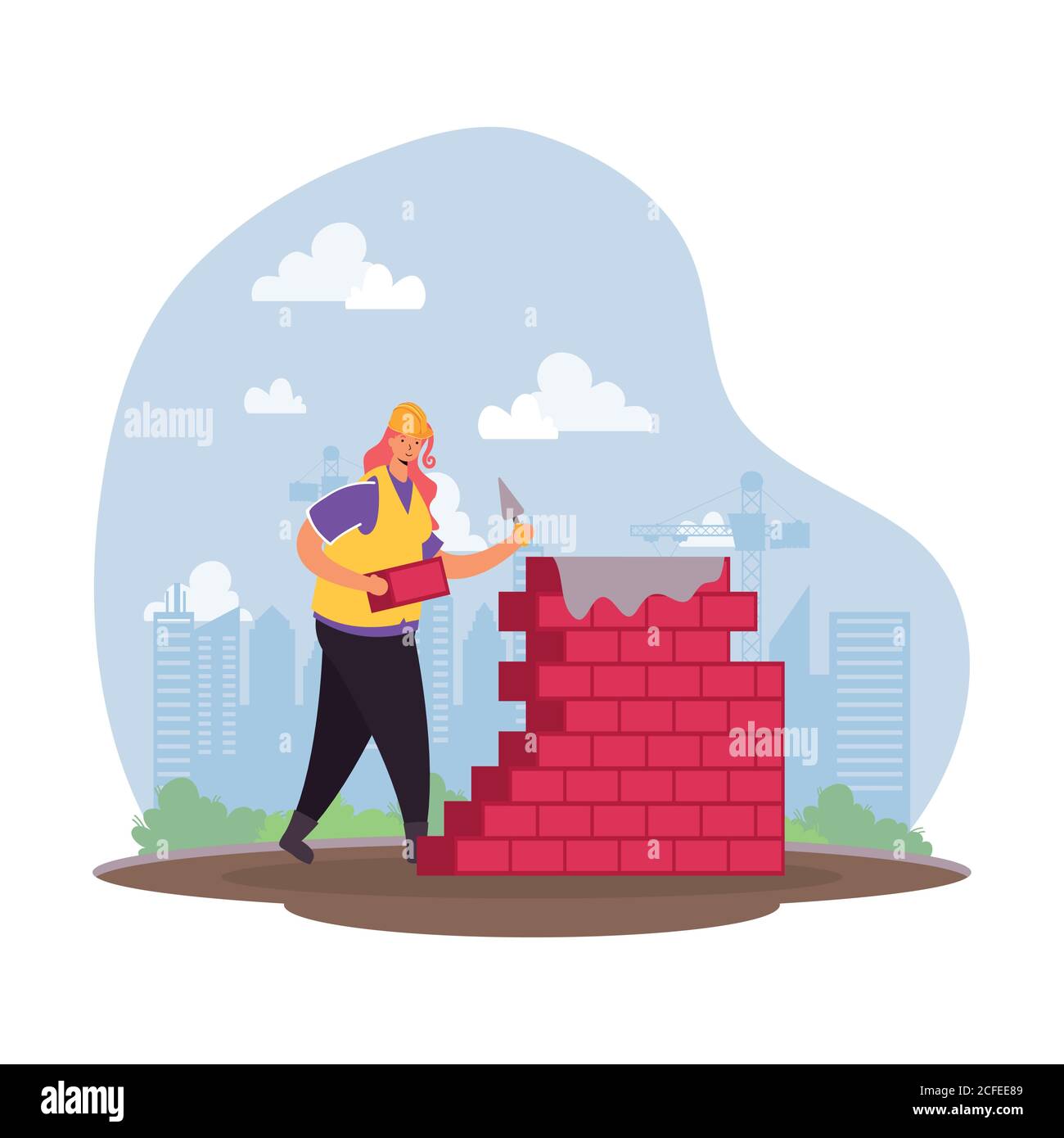 constructor worker with bricks wall character vector illustration ...