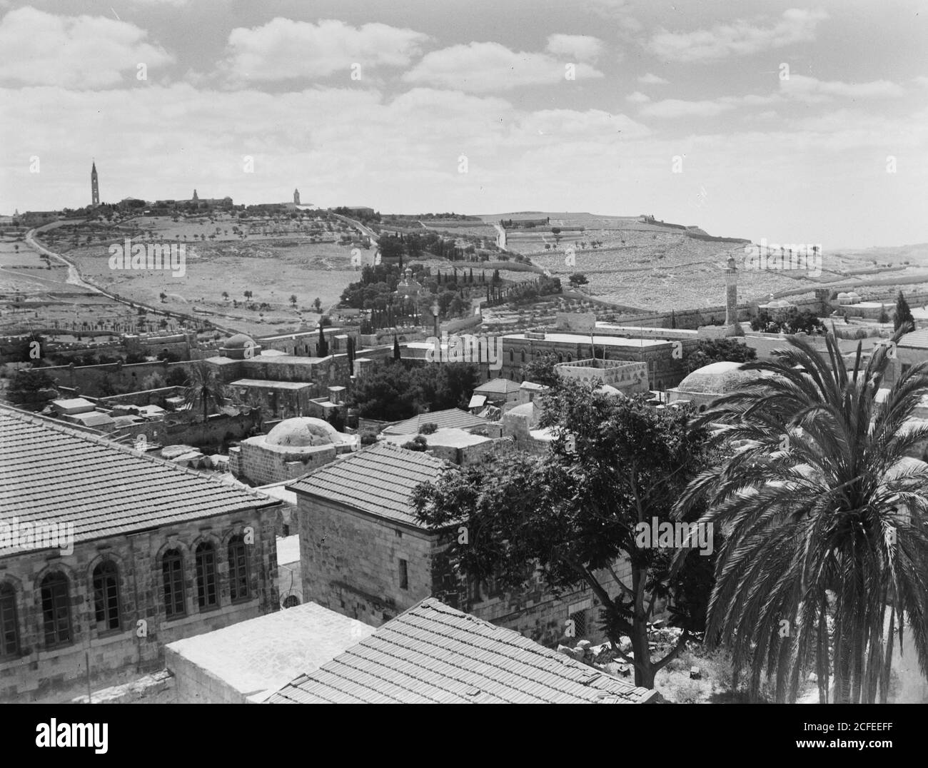 Original Caption:  Mt. of Olives & St. Anne's Church from Indian hostel inside Herod's Gate  - Location: Jerusalem ca.  1940-1946 Stock Photo