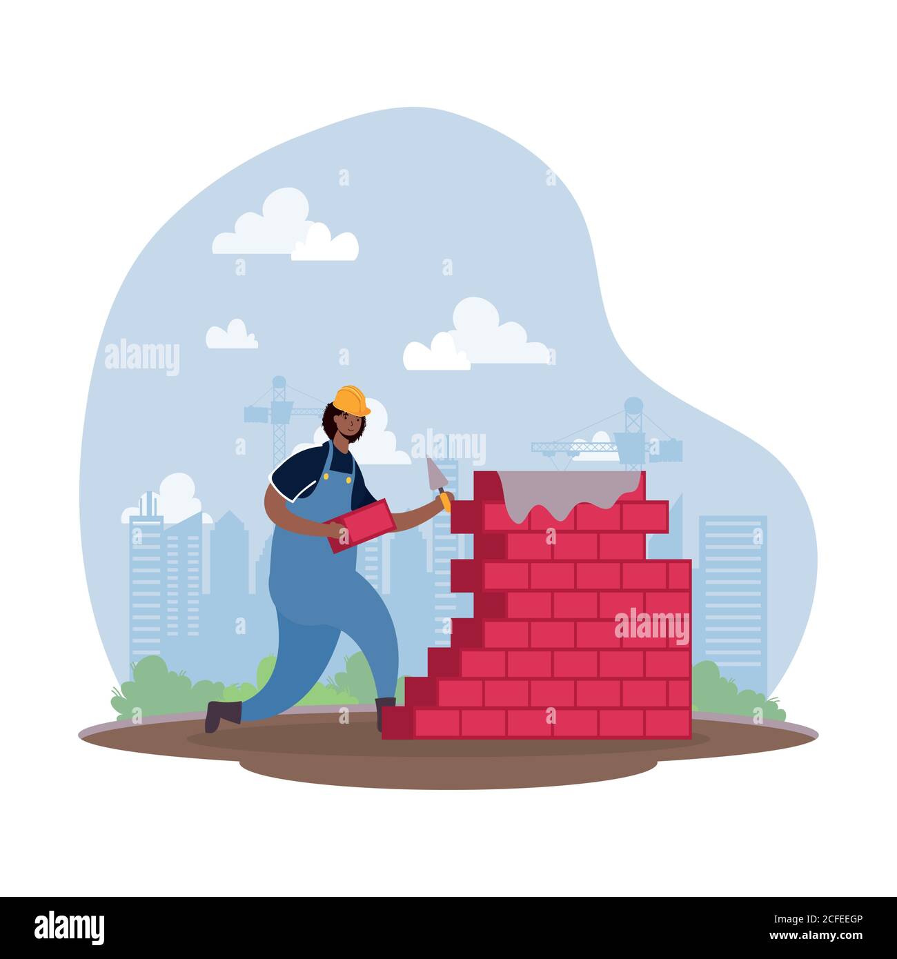 afro constructor worker with bricks wall character scene vector ...