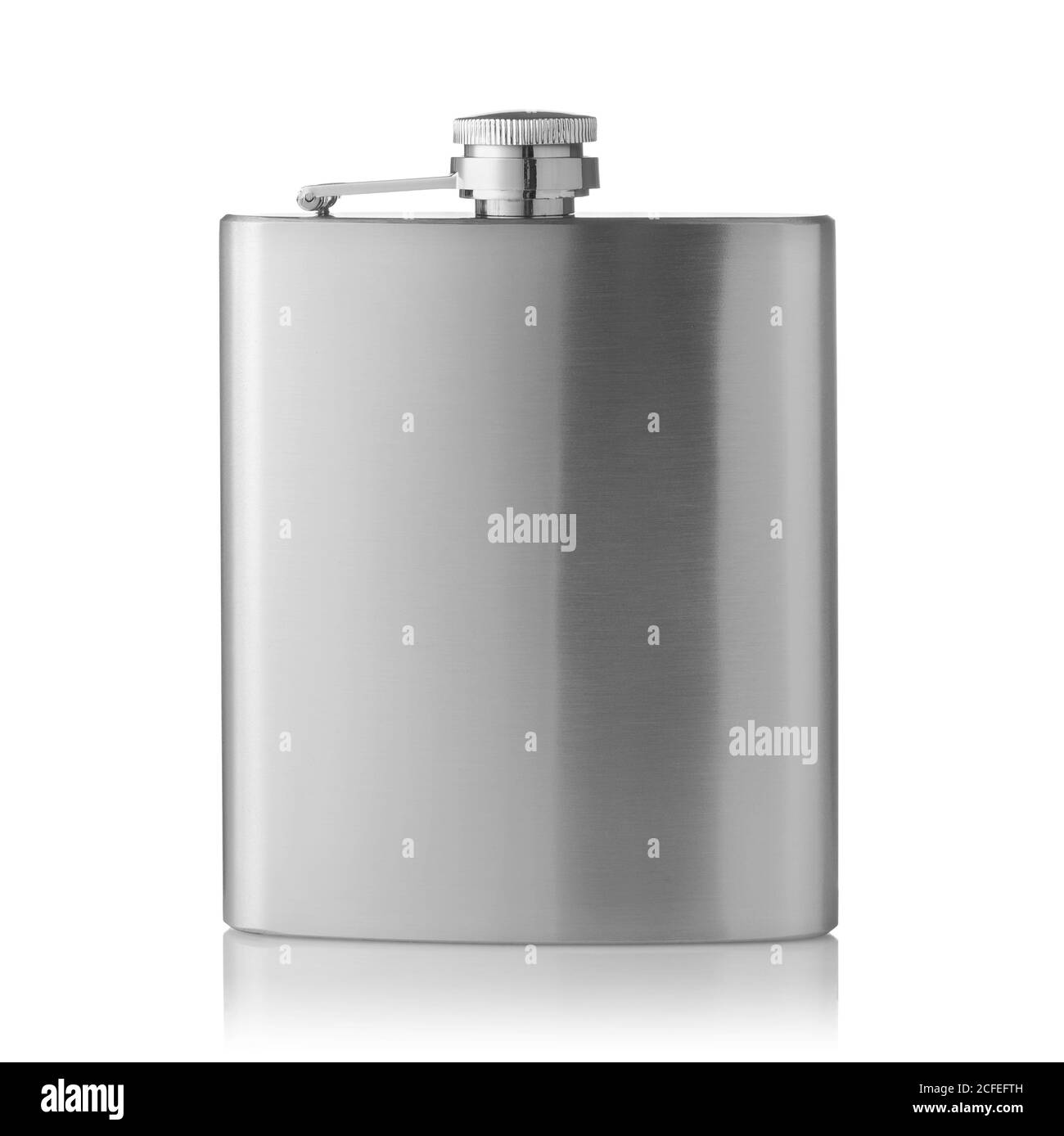 Front view of stainless steel hip flask isolated on white Stock Photo