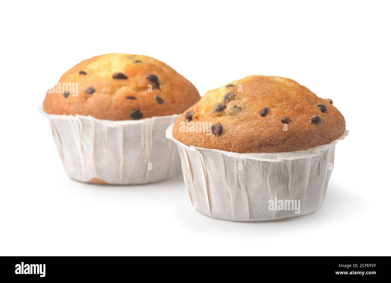 Two chocolate chip muffins isolated on white Stock Photo