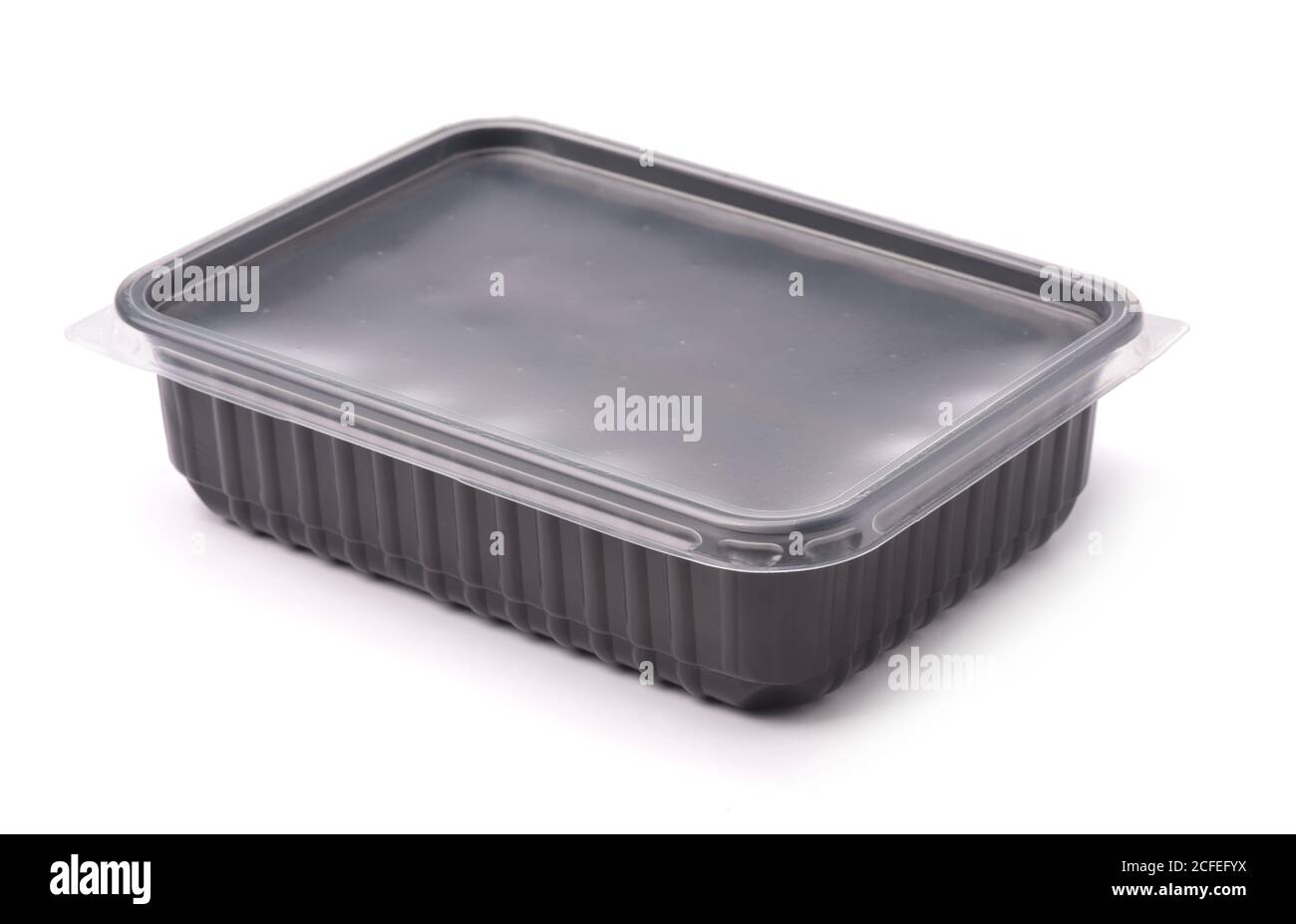 Black disposable plastic food container isolated on white Stock Photo