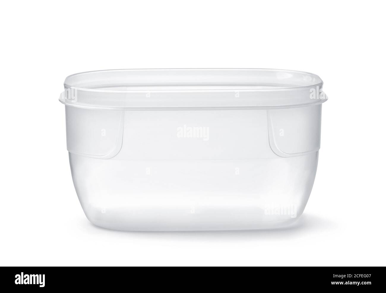 Front view of open transparent plastic food container isolated on white Stock Photo